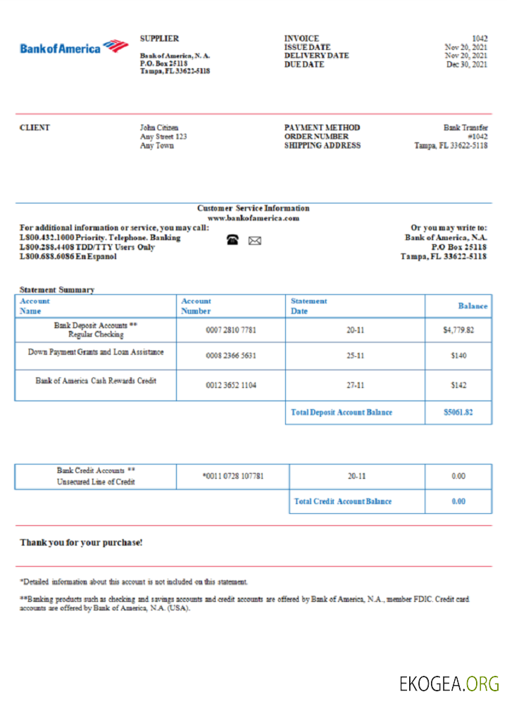 Facture de la Bank of America aux États , Unis